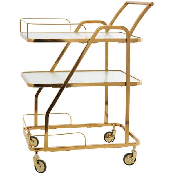 Litton Lane 35 in. H Gold Glass Shelf 3 Tier Bar Cart with Side Guards and Handle