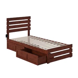 Oxford Walnut Twin Extra Long Solid Wood Storage Platform Bed w/ Footboard and USB Turbo Charger w/ 2 Extra Long Drawers