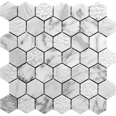 Sparta Gray 12 in.x12 in. Polished Etched Honeycomb Hexagon Bianco Carrara Marble Mosaic Tile (4.92 sq. ft./case) 5-Pack