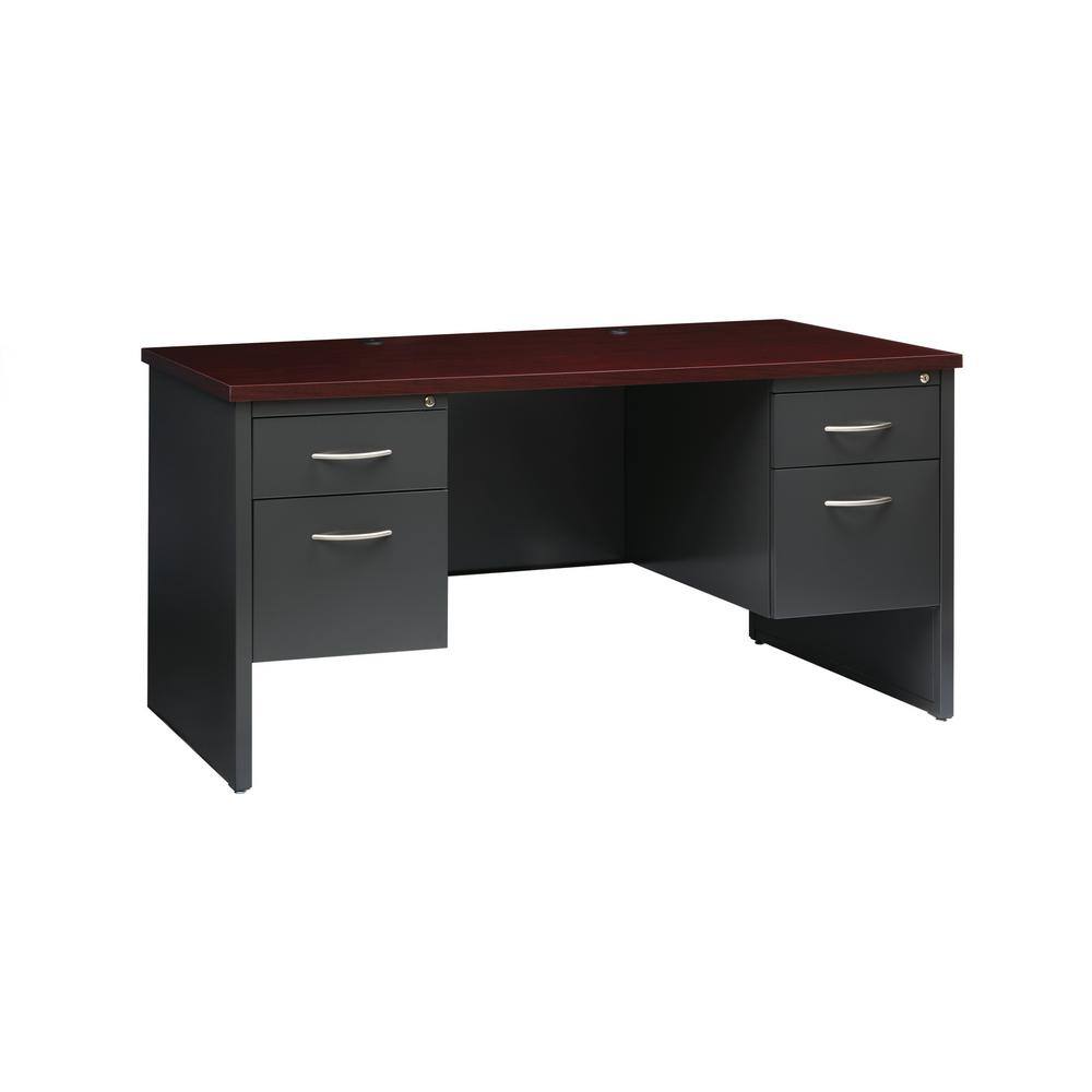 hirsh 30d x 60w double pedestal metal desk arch pull handles charcoal/mahogany