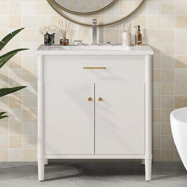 31 in. W Single Sink Freestanding White Bath Vanity with White Ceramic Top and Adjustable Shelf, Unassembled
