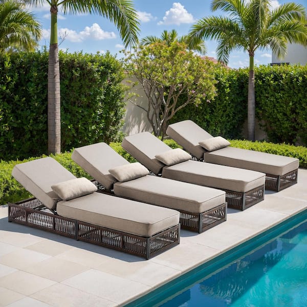 ArcoBay Brown Wicker Outdoor Chaise Lounge with 5 in. Thick Beige Cushions (4-Pack)
