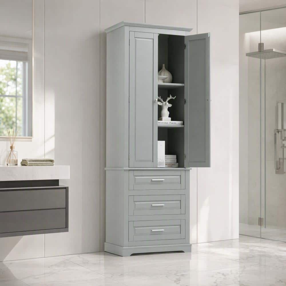 24 in.W x 15.7 in.D x 70 in.H Gray Tall Bathroom Linen Cabinet with 3 Drawers and Adjustable Shelf