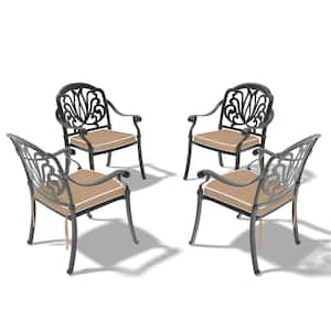 Black Stackable Cast Aluminum Patio Outdoor Dining Chairs with Random Color Seat Cushions (Set of 4)