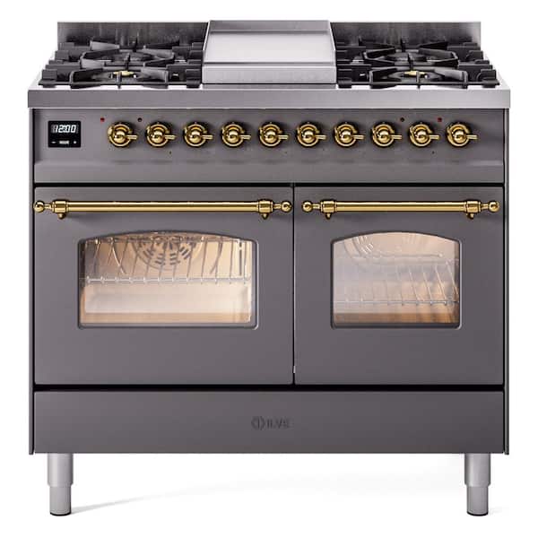 Nostalgie II 40 in. 6-Burner plus Griddle Double Oven Liquid Propane Dual Fuel Range in Matte Graphite with Brass