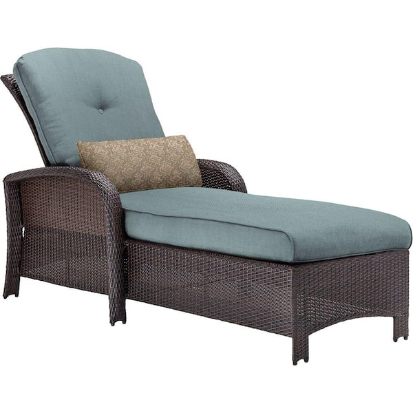Hanover Strathmere All-Weather Wicker Outdoor Patio Chaise Lounge Chair with Ocean Blue Cushion