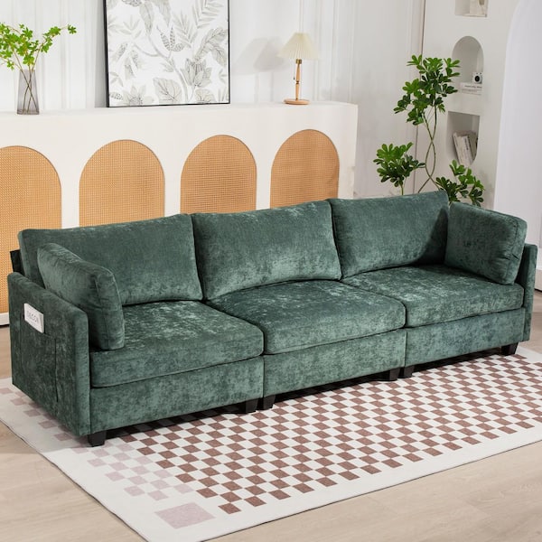Fannie 111.4 in. Flared Arms Polyester Rectangle Fabric Sofa in Dark Green, 3-Seater Chenille Deep Sofa