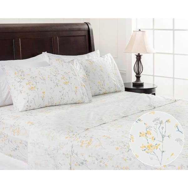 4-Piece Spring Yellow Floral Pattern Print Microfiber Bedsheets Set, King