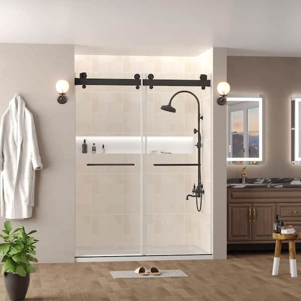 72 in. W x 78 in. H Double Sliding Semi-Frameless Shower Door in Matte Black Finish with Clear Glass