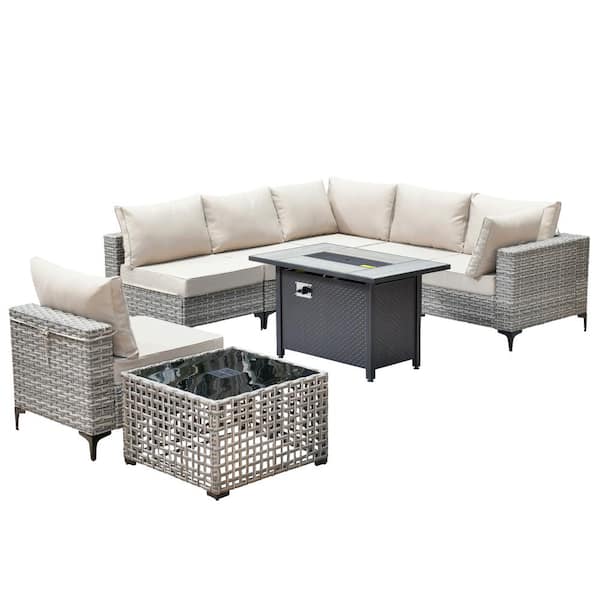 Howell 8-Piece Wicker Outdoor Patio Conversation Sofa Furniture Set with a Metal Fire Pit and Beige Cushions