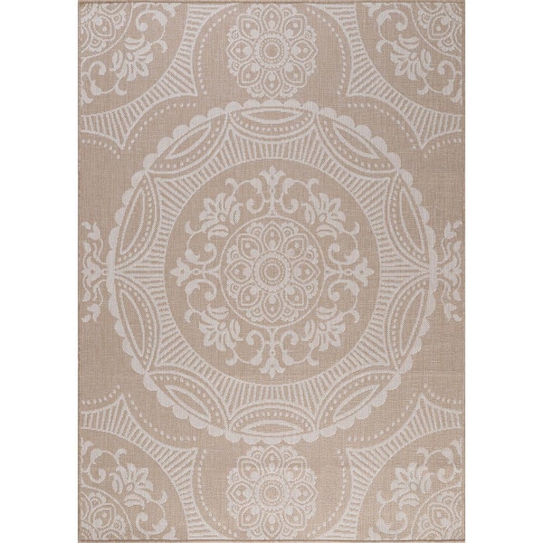 Waikiki Beige/White 6 ft. x 9 ft. Medallion Indoor/Outdoor Area Rug