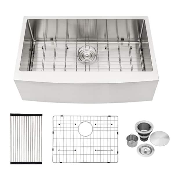Unbranded Chrome 16-Gauge Stainless Steel 30 in. L Single Bowl Corner Farmhouse Apron Workstation Kitchen Sink with Faucet