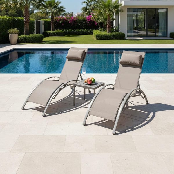 3-Piece khaki Aluminium Outdoor Chaise Lounge w/ Adjustable Backrest and Removable Pillow (2 Lounge Chairs plus 1 Table)
