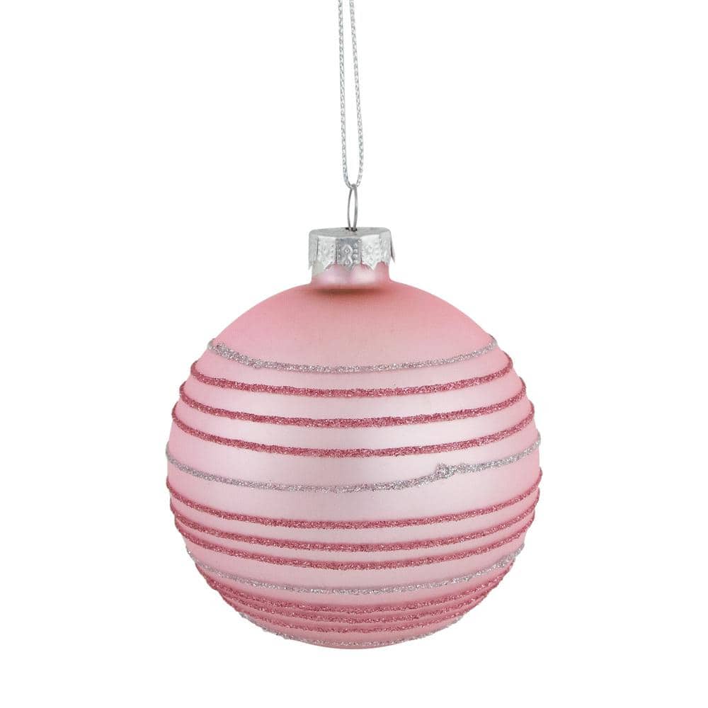 Northlight 3 in. (80 mm) Pink Glitter Striped Glass Christmas Ball Ornaments (Set of 4)