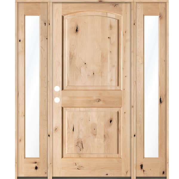 70 in. x 80 in. Rustic Unfinished Knotty Alder Arch-Top Right-Hand Double Full Sidelites Clear Glass Prehung Front Door