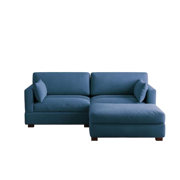 84.8 in. W Square Arm 2-Piece Corduroy Fabric L-Shaped Sectional Sofa in Navy Blue