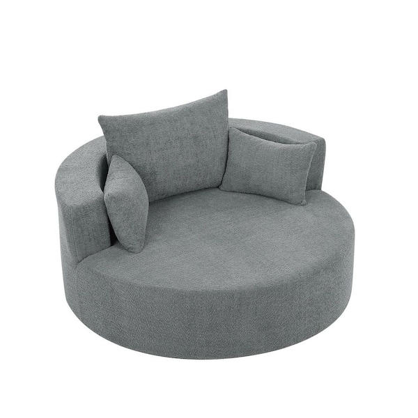 360° Swivel Gray Chenille Barrel Chair with 3 Removable Pillows