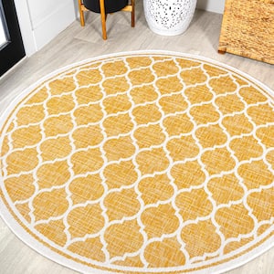Trebol Moroccan Trellis Textured Weave Yellow/Cream 5 ft. Round Indoor/Outdoor Area Rug