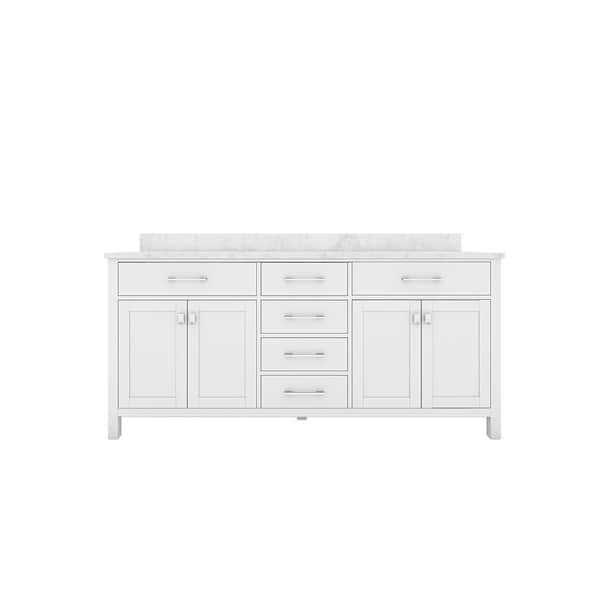 Sinber STYLE1 72 in. W x 22 in. D x 35 in. H Ceramic Sink Freestanding Bath Vanity in White with Carrara White Marble Top