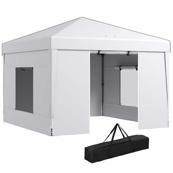 Otryad 9.7 ft. x 9.7 ft. White Pop-Up Canopy Tent with 2 Mesh Windows, Adjustable Height, Reflective Strips and Carry Bag