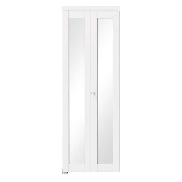 28 in. x 80 in. Full Lite White Mirrored Glass Solid Core MDF PVC Covering Bi-Fold Door with Hardware Kits