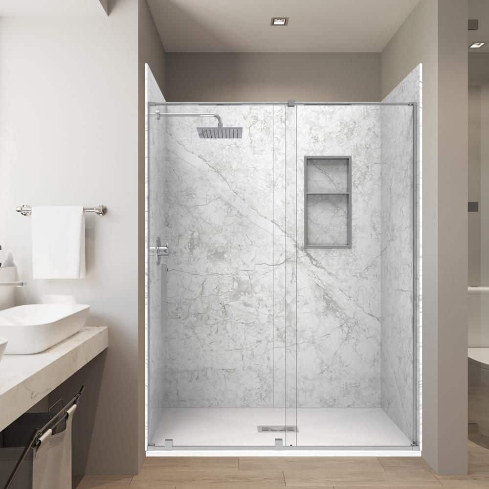 Botticcino Gray 36in. x 60in. x 84in. Combo Solid Composite Stone Alcove Shower Kit Matching Chrome Door, Niche & Drain price history on PriceWatchPro