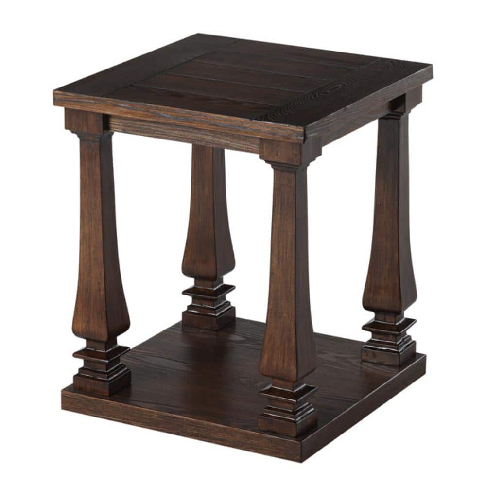 Dark walnut square wood end table with architectural legs on a white background.