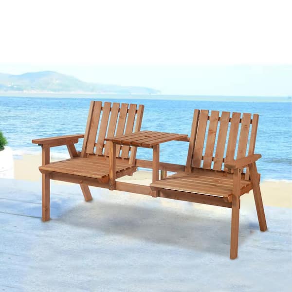 Unbranded 48 Wood Outdoor Bench with Built-in Table and Umbrella Hole,  2-Person Garden Bench for Deck Pool Balcony Backyard Ron-25070902