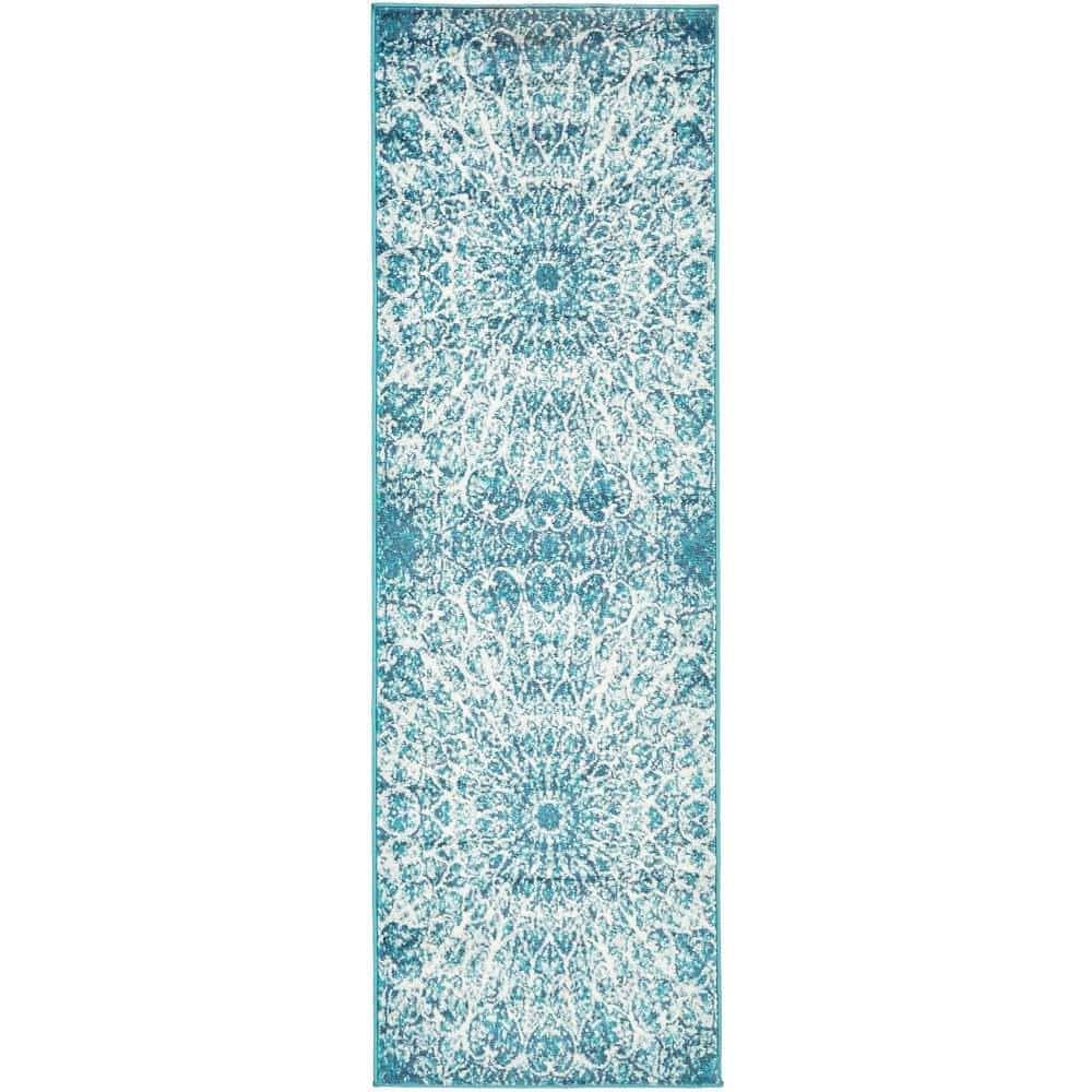Turquoise and White Synthetic Reversible Runner Rug