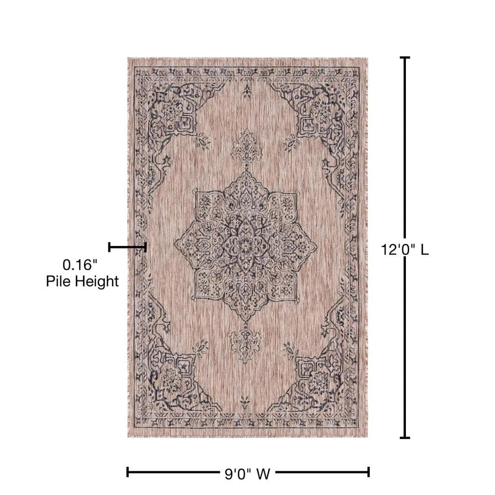 Beige and Black Rectangular Outdoor Synthetic Rug, 9' x 12'