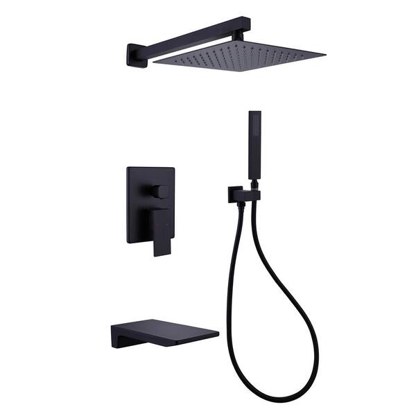 Unbranded Single Handle 3-Spray Square 10 in. Wall Mount Shower Faucet 4 GPM with High Pressure Hand Shower in Black