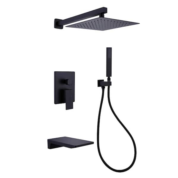 YONKI SUNSHIN INC Single Handle 3-Spray Square 10 in. Wall Mount Shower Faucet 4 GPM with High Pressure Hand Shower in Black