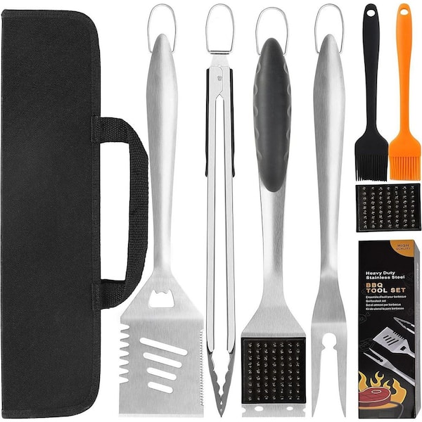 8-Piece Extra Thick Stainless Steel BBQ Grill Tools Set with Spatula Fork Tongs Cleaning Brush and Portable Bag