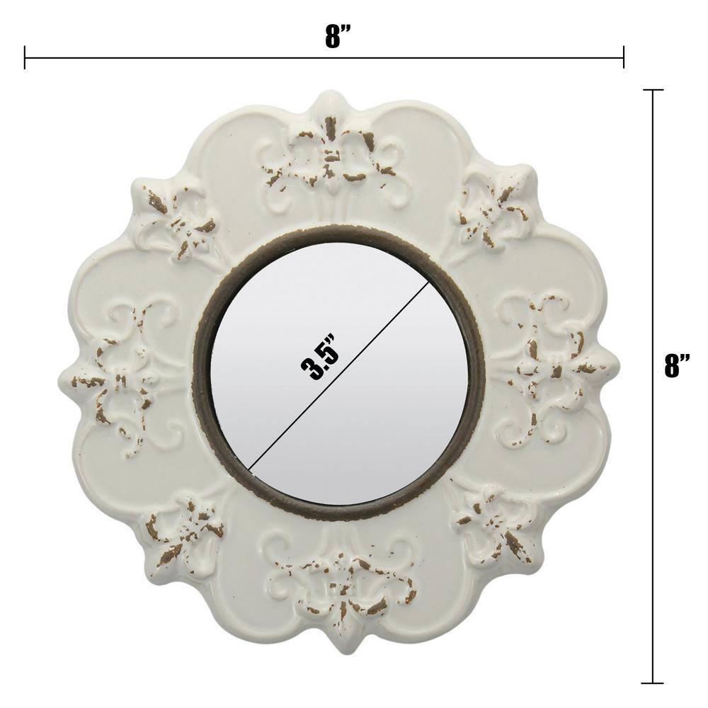 Antique White 8" Round Ceramic Fleur de Lis Wall Mirror