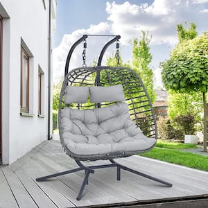 55 in. W 2-Person Metal Wicker Patio Swing with Gray Cushion