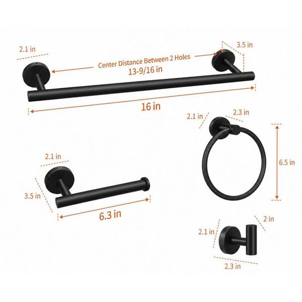 20-Piece Bathroom Hardware Set in Black with 16 in. Wall Mounted Hand Towel Bars, Towel Rings and More