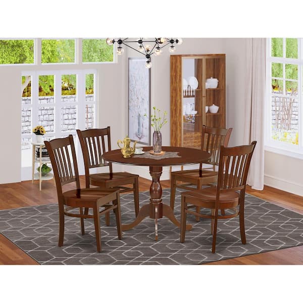 5-Piece Mahogany Finish Solid Wood Top Dining table with 4 Chairs with Drop Leaf Slat Back