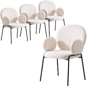 Celestial Modern Boucle Dining Chair Upholstered Seat and Back with Arms and Black Iron Frame Set of 4, White