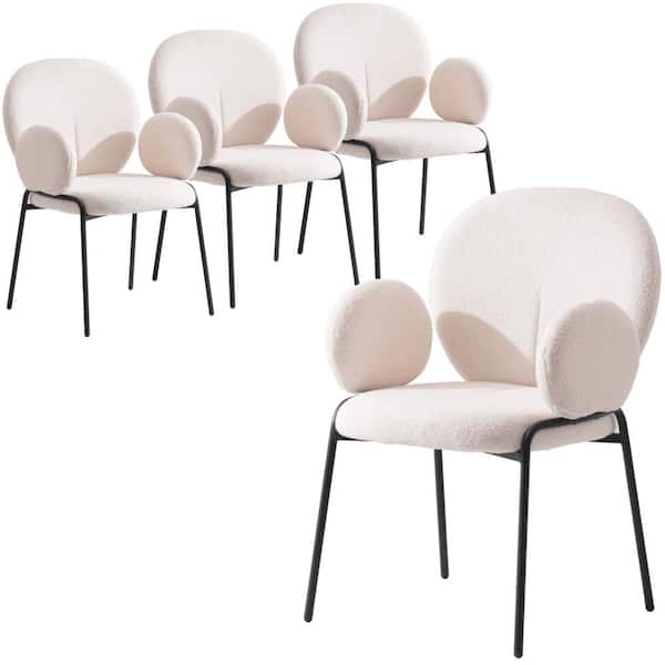 Leisuremod Celestial Modern Boucle Dining Chair Upholstered Seat and Back with Arms and Black Iron Frame Set of 4, White