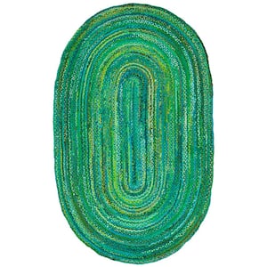 Braided Green Doormat 3 ft. x 5 ft. Solid Color Striped Oval Area Rug