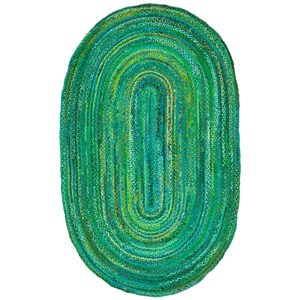 SAFAVIEH Braided Green 4 ft. x 6 ft. Solid Color Striped Oval Area Rug