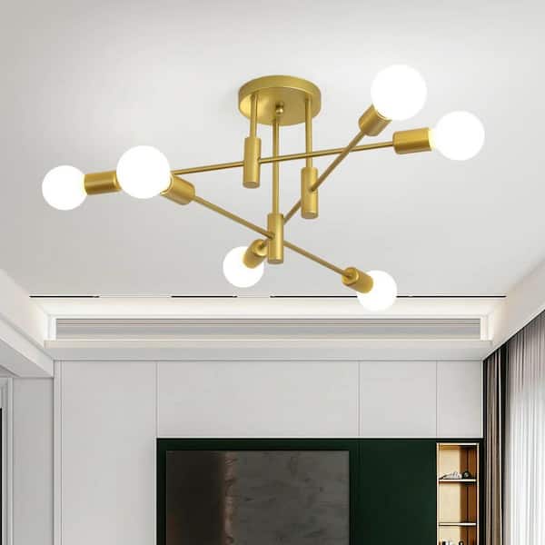 24.4 in. 6-Light Gold Sputnik Dimmable Semi-Flush Mount with No Bulbs Included for Living Room Bedroom Foyer