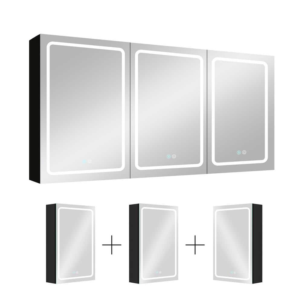 EPOWP 60 in. W x 30 in. H Rectangular Aluminum Medicine Cabinet with Mirror, LED Dimmable Light and 3-Door Cabinets, Black-LRR -  LX-MECA-11-2