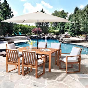 Weston 8-Piece Wood Outdoor Dining Table Set with 6-Chairs with Cushions, 10 ft. Rectangular Umbrella Beige