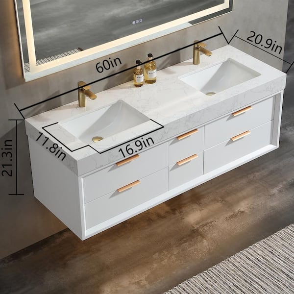 Solidoak 60 in. W x 20.9 in. D x 21.3 in. H Double Sink Bath Vanity in White with White Cultured Marble Top, night light