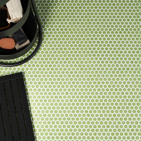 Bliss Edged Hexagon Key Lime 10.03 in. x 11.61 in. Polished Porcelain Floor and Wall Mosaic Tile (0.80 Sq. Ft./Each)