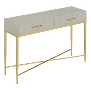Ashley 42in. Beige/Gold Tall Rectangle Faux Leather Console Table with 2 Drawers