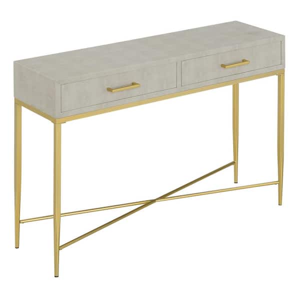 Convenience Concepts Ashley 42in. Beige/Gold Tall Rectangle Faux Leather Console Table with 2 Drawers