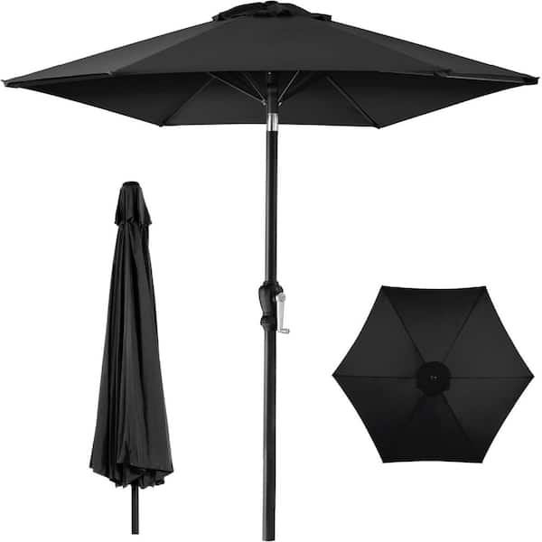 9ft Black Metal Outdoor Patio Umbrella with Push Button Tilt and Crank Function.