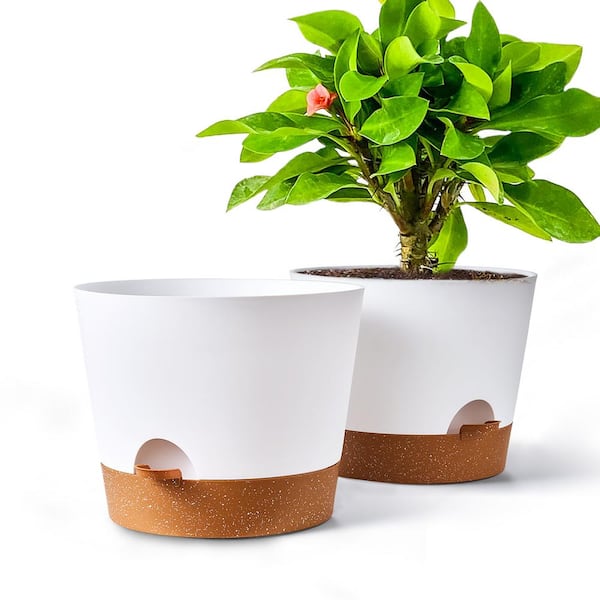 Plant Pot 12 in., White Plastic Self Watering for Indoor/Outdoor Plants with Drainage Hole, Flower Pots (2-Pack)